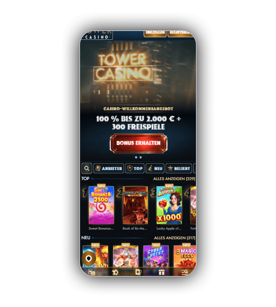 Casino-Lobby mit Willkommensangebot sowie den Reihen TOP und NEU